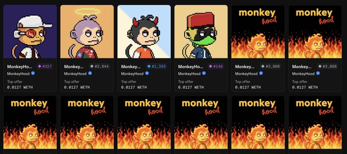A grid of Monkey Hood NFT collectibles showing various monkey character designs priced in METH cryptocurrency.