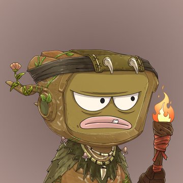 A cartoon illustration shows an angry, moss-covered green block character adorned with bones and vines, holding a burning wooden torch.