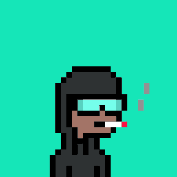 An 8-bit style pixel art image of a dark-skinned character wearing a black hood and goggles, smoking a cigarette with smoke rising beside their face, set against a teal background.