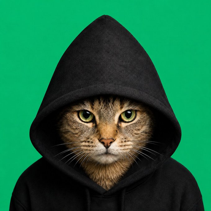 A tabby cat wearing a black hooded sweatshirt against a bright green background, staring directly at the camera with an intense gaze.
