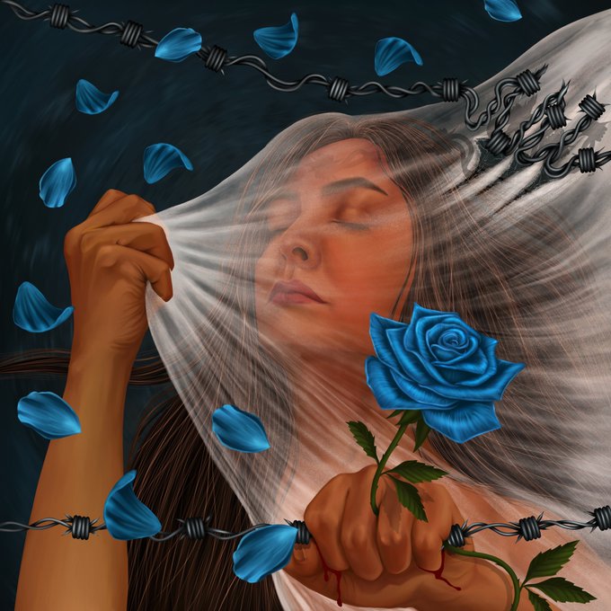 A digital painting of a woman with closed eyes under a translucent white veil, holding a vibrant blue rose with a thorny hand, surrounded by falling blue rose petals and barbed wire.