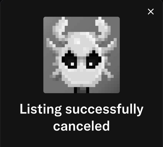 A dark pop-up notification with an 'X' icon and pixel art of a white creature, displaying the text 'Listing successfully canceled'.