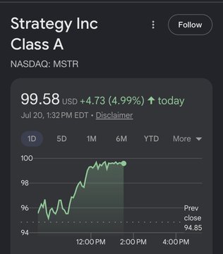 A stock chart for **Strategy Inc Class A (NASDAQ: MSTR)** shows the price at **$99.58 USD, up $4.73 (4.99%)** on July 20, 1:32 PM EDT, supporting the post's claim that MSTR is outperforming Bitcoin on the day despite the user experiencing dilution in their position.