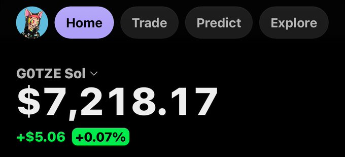 A screenshot of a crypto trading app interface showing 'GOTZE Sol' at a price of $7,218.17, with a gain of +$5.06 (+0.07%) in green, and navigation tabs for Home, Trade, Predict, and Explore.