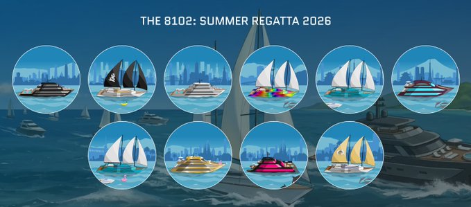 A promotional graphic titled 'THE 8102: SUMMER REGATTA 2026' displaying two rows of circular icons featuring various illustrated luxury yachts and sailboats on a blue ocean background.