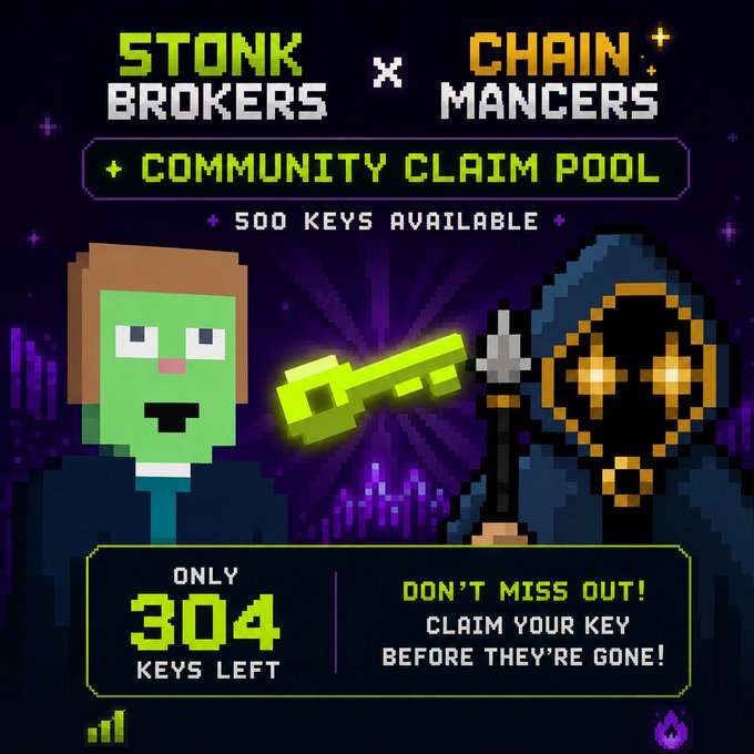 A pixel art promotional graphic for 'STONK BROKERS x CHAIN MANCERS' featuring a community claim pool, displaying '500 KEYS AVAILABLE' and 'ONLY 304 KEYS LEFT'.