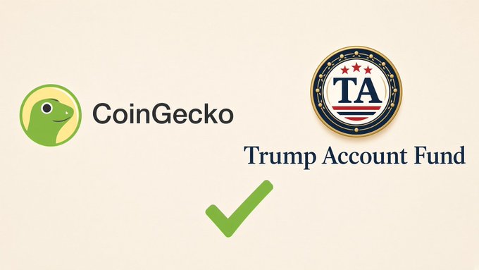 The image shows the CoinGecko logo alongside the "TA - Trump Account Fund" emblem, with a large green checkmark below them indicating approval. This visually confirms the accompanying announcement that "$TA Fund is now APPROVED on CoinGecko!"