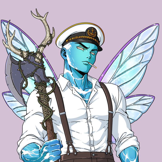 A blue-skinned, fairy-like figure in a sailor cap and white shirt smokes a cigarette while holding a scythe adorned with antlers, embodying a confident, unshakable spirit. The image visually echoes the post's theme of gratitude and perseverance, portraying resilience and a fearless attitude for the weekend ahead.