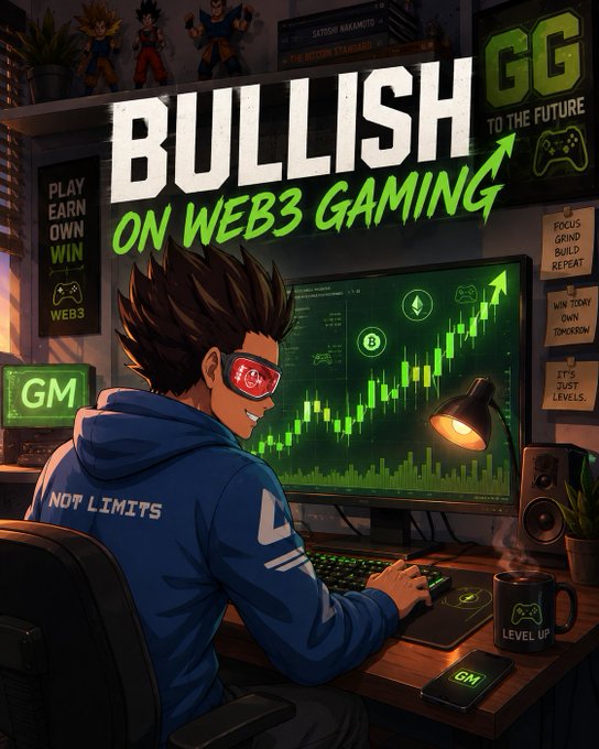 An illustrated gaming trader in a blue hoodie and red visor watches a green crypto price chart going up on his monitor, with bold text reading "BULLISH ON WEB3 GAMING" and phrases like "GM", "GG", "PLAY EARN OWN WIN", and "LEVEL UP" on his mug and surroundings.
