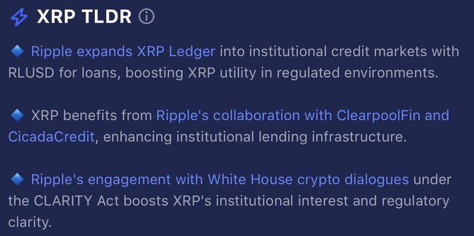 A daily XRP update highlights Ripple's expansion of the XRP Ledger into institutional credit markets via RLUSD for loans, alongside collaborations with ClearpoolFin and CicadaCredit to strengthen lending infrastructure, while Ripple's engagement in White House crypto dialogues under the CLARITY Act bolsters regulatory clarity and institutional interest in XRP.