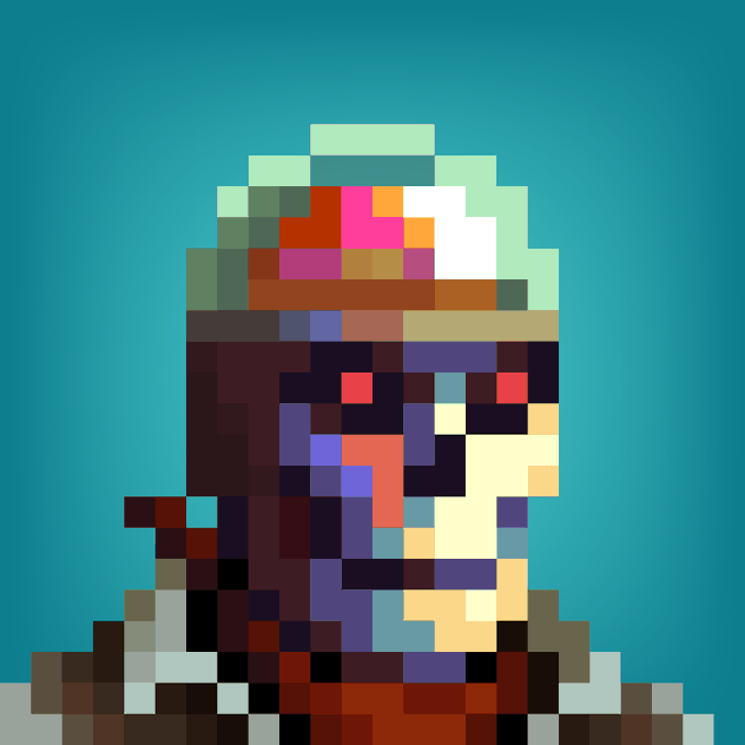 This image shows a heavily pixelated, low-resolution portrait of a hooded figure with a multi-colored face against a teal background, possibly representing an NFT or pixel art character.