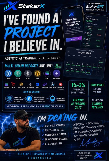 This image promotes StakerX, an agentic AI trading and staking platform that has recently launched multi-chain deposits for over 40 tokens, with all trades published publicly. The ad highlights features like "1%-3% Average Daily Yield," "Agentic AI Trading 24/7," and "Built on Claude Mythos."