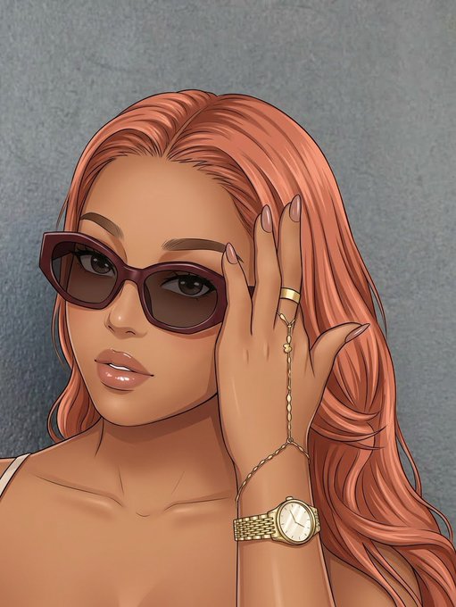 A digital illustration of a woman with flowing orange hair wearing dark burgundy sunglasses, a gold watch, and a gold chain bracelet, posed with her fingers near her face.