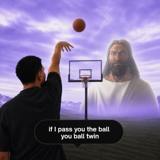 The image shows a man shooting a basketball toward a hoop, with a divine-looking figure resembling Jesus appearing in the clouds behind it. A speech bubble reads, "if I pass you the ball you ball twin," playfully depicting the post's message about passing the "ball" to a twin while replacing "basket" with "$" to suggest financial or crypto success.