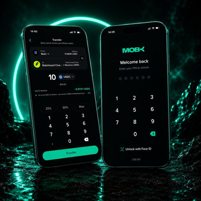 Two smartphones display the Moby crypto wallet app, with one showing a Transfer screen configuring a **10 USDC** bridge to Robinhood Chain (solana balance **13.8605 USDC**, receiving **~9.9707 USDC**) and the other displaying the PIN unlock screen with "Welcome back" and "Unlock with Face ID" options, visually illustrating the app's new cross-chain bridging, Face ID security, and faster swap features.