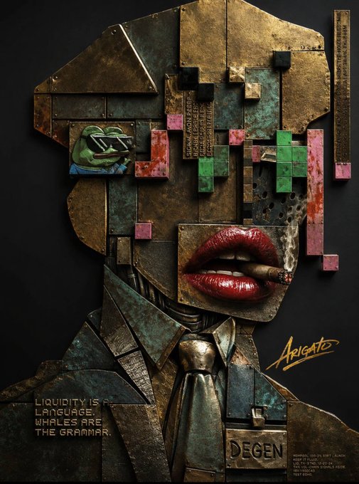 A digital art piece depicting a fragmented, mechanical head in a suit smoking a cigar, featuring a Pepe the Frog image, the text 'LIQUIDITY IS A LANGUAGE. WHALES ARE THE GRAMMAR', and signed 'ARIGATO' with 'DEGEN' on the tie.