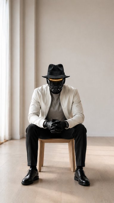 A humanoid figure sits on a wooden stool in a minimalist room, wearing a white blazer, black pants, a fedora, and a black metallic mask with glowing orange eyes, hands clasped together.