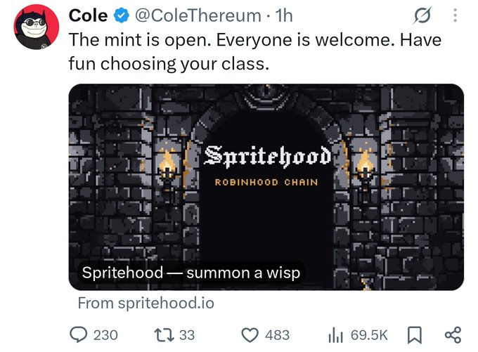 A tweet from Cole (@ColeThereum) announces "Spritehood — summon a wisp" on Robinhood Chain, with the pixel-art RPG-style promotional image linking to spritehood.io, reflecting his new NFT venture after being voted out of the Pudgy Penguins project he originally co-founded.