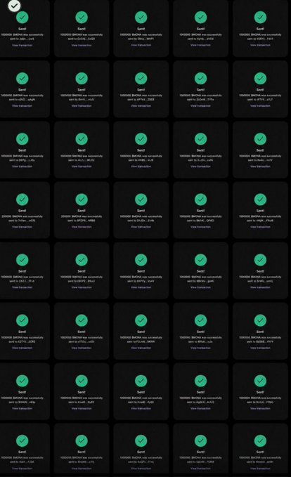 A screenshot showing a grid of numerous identical green checkmark notifications on a black background, indicating successful sent messages.