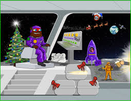 The image features a cartoon scene of a man dressed as a robot, sitting inside a spaceship with a Christmas tree nearby. The man appears to be wearing a purple suit and has a beard. In front of him are three gift boxes tied together by red bows, suggesting that they contain presents for the holiday season. They are placed on a table in the ship's cabin area.

The post also includes text about the moon and Christmas, which could be related to the man's costume or the overall theme of the image. The caption reads: "$XRP moons during November. $XPR moons during December. Bear' s riddles are all about Christmas."