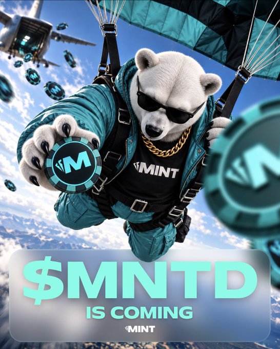 A promotional graphic featuring a polar bear wearing sunglasses, a teal jacket, and a gold chain, parachuting with MINT-branded casino chips and the text '$MNTD IS COMING' prominently displayed.