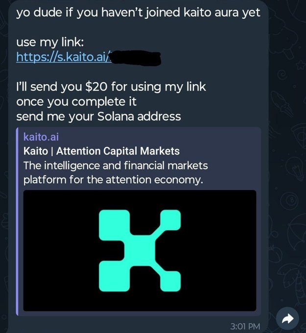 A screenshot of a message promoting Kaito Aura with a referral link, offering $20 for signing up and asking for a Solana address.