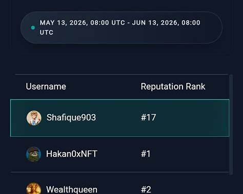 A leaderboard screenshot showing user Shafique903 ranked #17, with Hakan0xNFT at #1 and Wealthqueen at #2, dated May 13, 2026 - June 13, 2026.