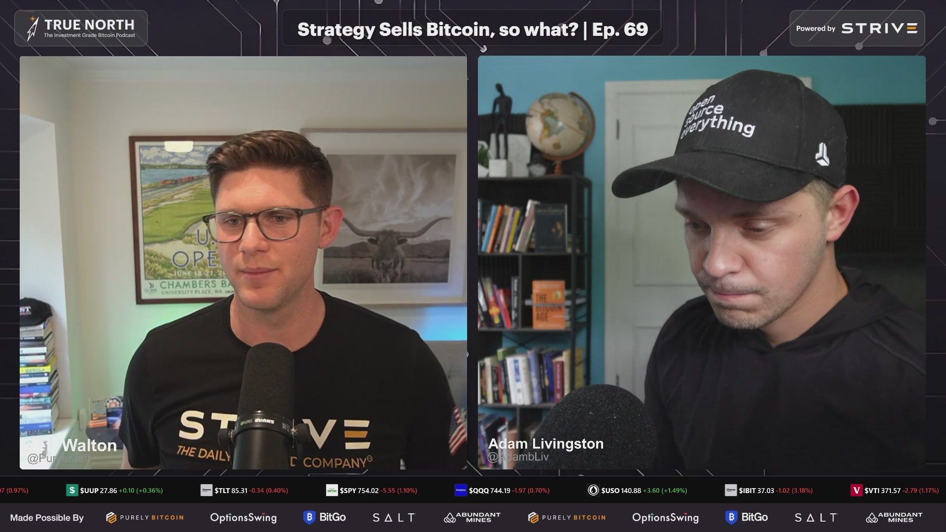 The image shows a man wearing glasses, sitting behind a microphone with another person wearing a baseball cap. They are both talking into microphones during an online podcast or radio show. The background of the image features a bookshelf filled with numerous books, suggesting that they might be discussing topics related to finance and investing.
