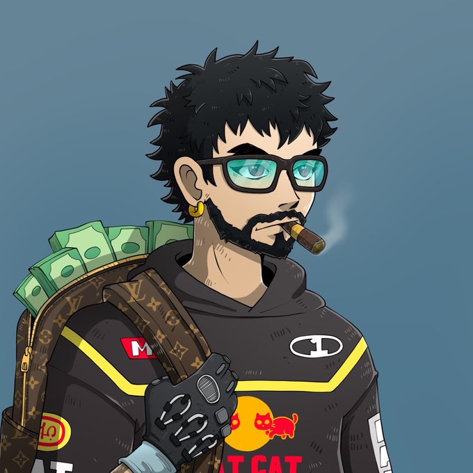 A cartoon-style illustration of a man with spiky black hair, glasses, a beard, smoking a cigar, wearing a black hoodie with 'FAT CAT' and a red cat logo, carrying a Louis Vuitton monogram bag filled with cash.