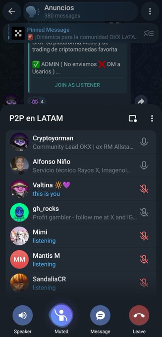 A dark-themed Telegram group voice chat interface shows a 'P2P en LATAM' session with multiple participants including Cryptoyorman, Alfonso Niño, and gh_rocks, featuring Spanish-language pinned messages about cryptocurrency trading.