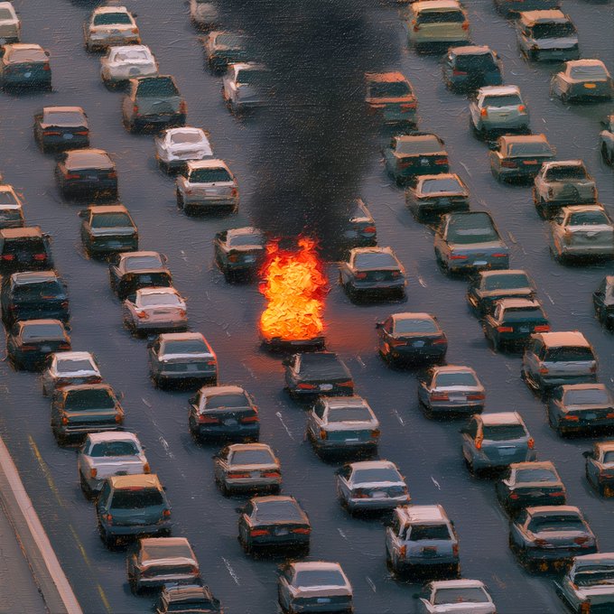 A bird's-eye view of a traffic jam shows a single car engulfed in flames with thick black smoke rising into the air, surrounded by gridlocked vehicles. The image humorously illustrates the post's caption about paranoia, suggesting a fear of being caught in such an automotive disaster.