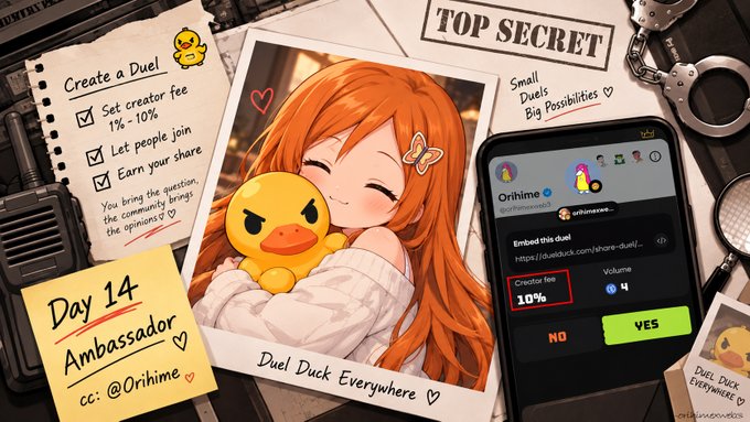 An illustrated promotional graphic by 'Orihime' for 'Duel Duck Everywhere' Day 14, showing an anime girl hugging a duck plush and a phone screen displaying a '10% Creator Fee' voting interface.