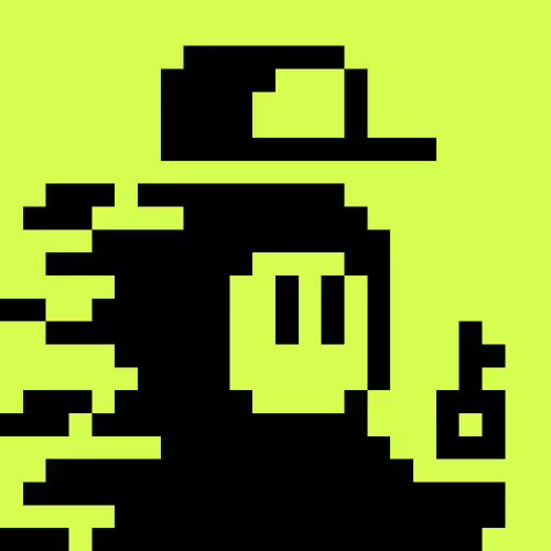 A pixelated retro-style graphic of a black figure wearing a top hat against a bright yellow-green background.