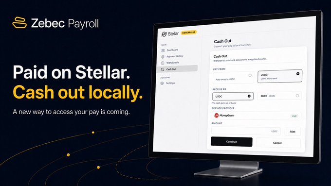 The image features Zebec Payroll's interface, highlighting a "Cash Out" feature on Stellar Enterprise that allows users to convert USDC to local currencies like EURC via MoneyGram. This visual demonstrates the ability to cash out received Stellar payments locally, aligning with the post's announcement of onchain pay with convenient access.