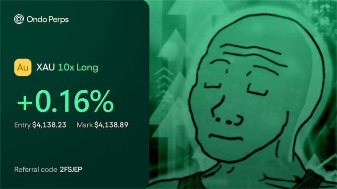 The image shows an OndoPerps position card displaying a XAU (Gold) 10x Long trade at +0.16%, with an entry price of $4,138.23 and mark price of $4,138.89, accompanied by a "Wojak sleeping" meme on the right—visually reinforcing the poster's relaxed, hands-off approach to trading on the platform mentioned in their testimonial.