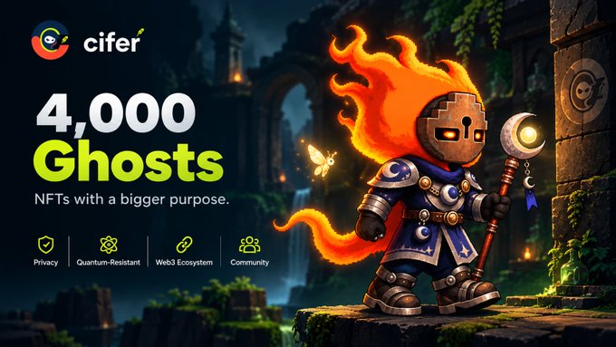 Cifer promotional graphic advertising “4,000 Ghosts — NFTs with a bigger purpose,” featuring a fiery-haired armored character holding a glowing staff.