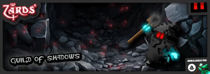 Promotional banner for the video game 'Zards' featuring the 'Guild of Shadows' expansion, showing a character with a pickaxe and glowing crystals in a dark cave setting, available on PlayStation and Steam.