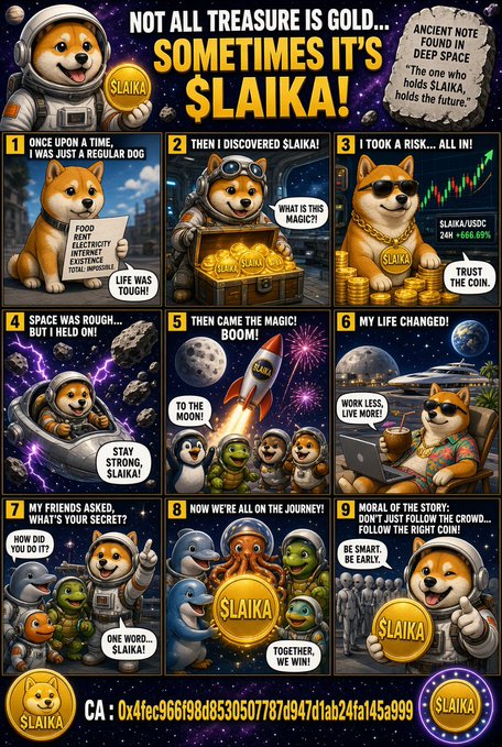 A crypto meme comic advertisement for a token called $LAIKA featuring a Shiba Inu dog in a spacesuit, with 9 panels telling a story and a contract address 'CA: 0x4fec966f98d8530507787d947d1ab24fa145a999' at the bottom.