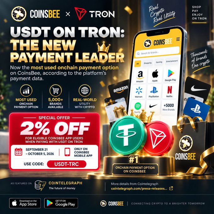 An advertisement for CoinsBee featuring USDT on TRON, displaying a smartphone with brand logos like Amazon, Apple, and Google Play, and offering a '2% OFF' special offer with code 'USDT-TRC'.