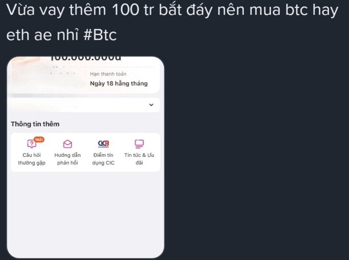 A tweet in Vietnamese asks whether to buy Bitcoin (BTC) or Ethereum (ETH) with a newly borrowed 100 million VND, alongside a screenshot of a payment confirmation page from CICC (a Vietnamese digital lending platform) showing a due date of the 18th. The image illustrates the high-risk scenario of taking out a digital loan to invest in BTC/ETH, which the poster warns against until Vietnamese crypto exchanges are properly licensed.