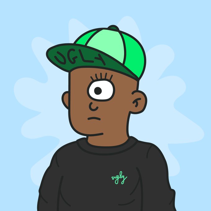 A cartoon illustration of a brown-skinned character with one eye wearing a green cap labeled 'UGLY' and a black shirt with 'ugly' written on it.