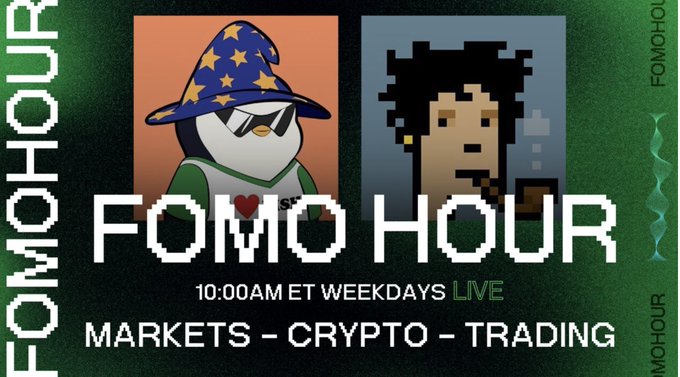 A promotional graphic for "FOMO HOUR" featuring two pixel-art character avatars (a penguin in a wizard hat and a person with curly hair) alongside text reading "FOMO HOUR," "10:00AM ET WEEKDAYS LIVE," and "MARKETS - CRYPTO - TRADING." The image serves as a teaser announcing the live stream's discussion topics, including the Trezor data breach, Hyperliquid, and Robinhood chain updates.