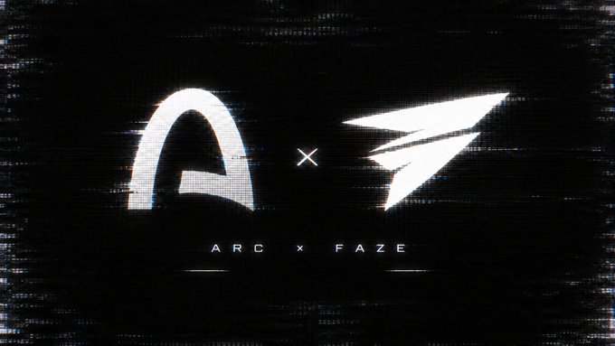 A glitchy black promotional graphic featuring the logos "ARC" and "FAZE" separated by an "x", with the text "ARC x FAZE" displayed below.