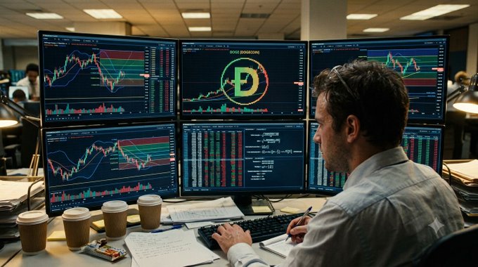 A man in a plaid shirt works at a desk with multiple monitors displaying cryptocurrency trading charts, with a Dogecoin logo visible on one screen and coffee cups nearby.