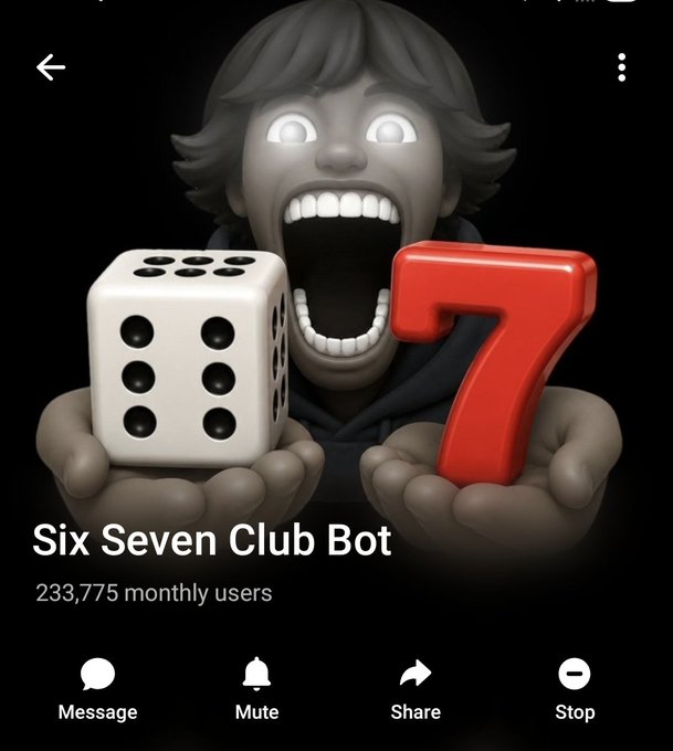 A Telegram profile page for "Six Seven Club Bot" showing 233,775 monthly users, featuring a 3D character holding a die (showing 6) and a red number "7" — visually representing the bot's name and aligning with the post's mention of steady community growth and the live $67 token.
