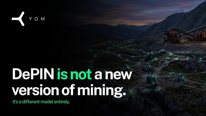 The image shows the YOM logo above the bold text "DePIN is not a new version of mining. It's a different model entirely," set against a dark, atmospheric landscape featuring a network of connected nodes and industrial structures, visually reinforcing the post's distinction between traditional crypto mining and YOM's product-based DePIN model that renders real games rather than securing consensus.
