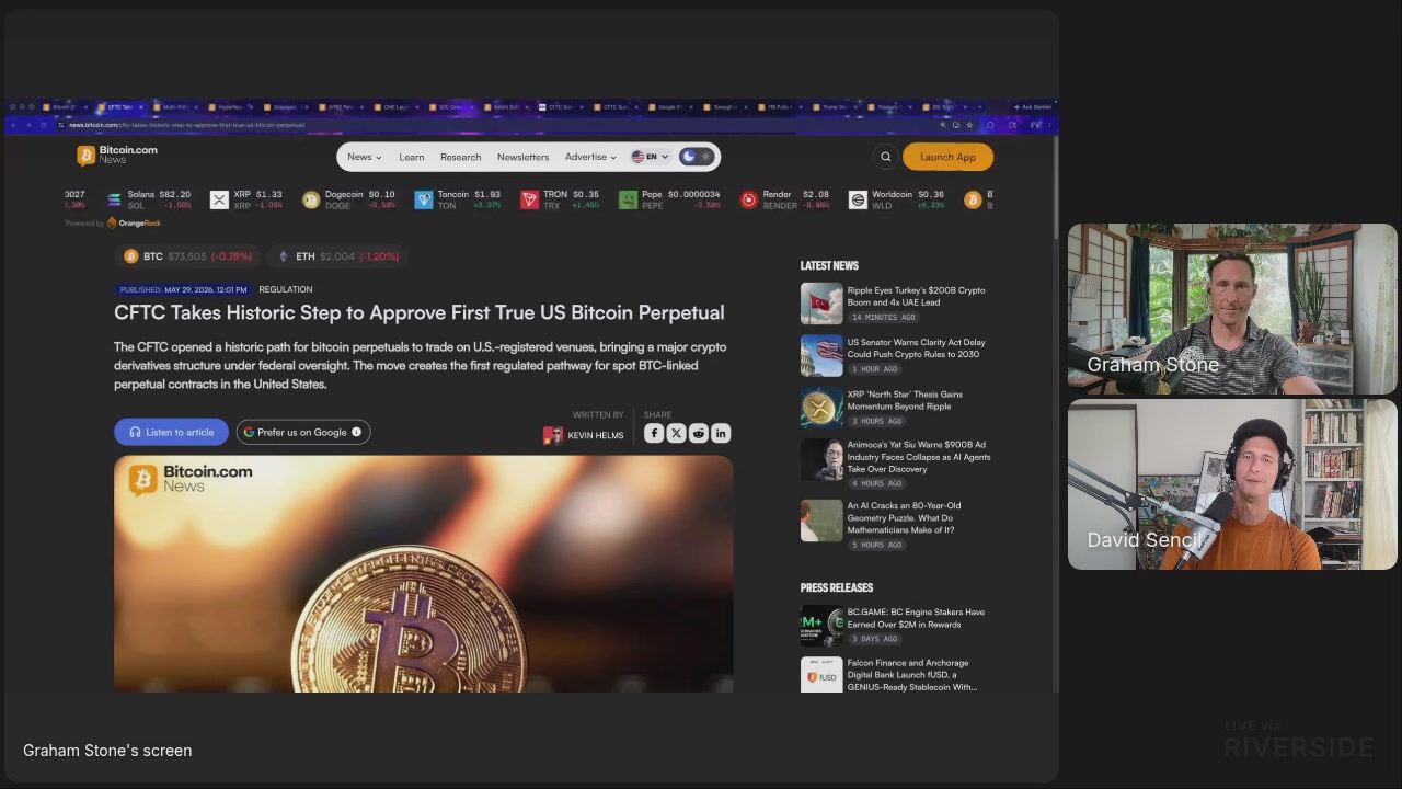 The image shows a computer screen with two people talking over a video call. One person has their face visible while the other's face is not shown. They are discussing Bitcoin, specifically about its tokenization of stocks and the recent gold heist at the CIA. The conversation seems to be centered around these topics, as they discuss the implications and potential risks associated with Bitcoin and the stolen gold.
