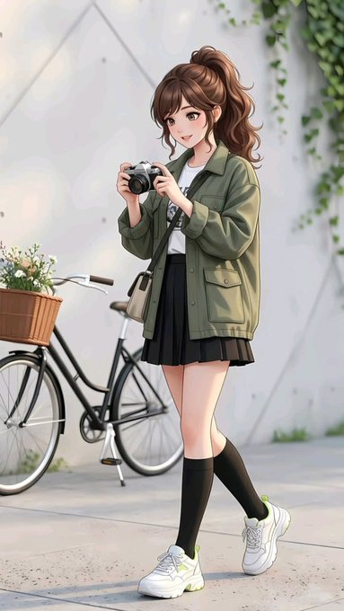 An anime-style illustration shows a cheerful young woman with a high ponytail holding a camera, wearing an olive green jacket, black pleated skirt, and knee-high socks, standing beside a bicycle with a flower-filled basket against a leafy wall. The image's theme of capturing everyday moments visually echoes the post's idea of translating daily health signals into something meaningful and usable for users.