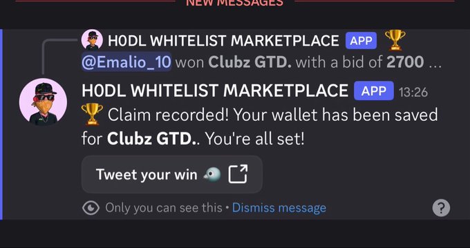 A Discord message notification from 'HODL WHITELIST MARKETPLACE' indicating that '@Emalio_10' won 'Clubz GTD.' with a bid of '2700'.