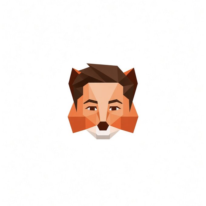 A geometric/low-poly digital illustration of a fox's face with brown, orange, and cream-colored triangular facets on a white background.